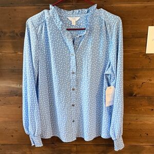 Time and Tru Sky Blue Floral Ruffle Neck Button-Front Top